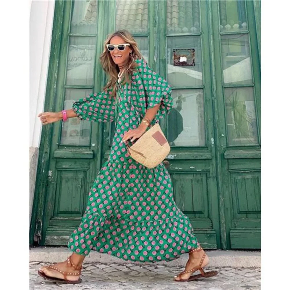 Womens Loose Fit Casual Summer V Neck Half Sleeve Bohemian Geometric - Picture 2 of 7